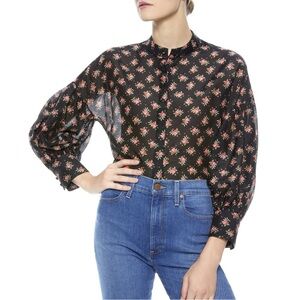 Alice + Olivia Paulita Top Med Black Pink Floral Cotton Silk Designer Feminine